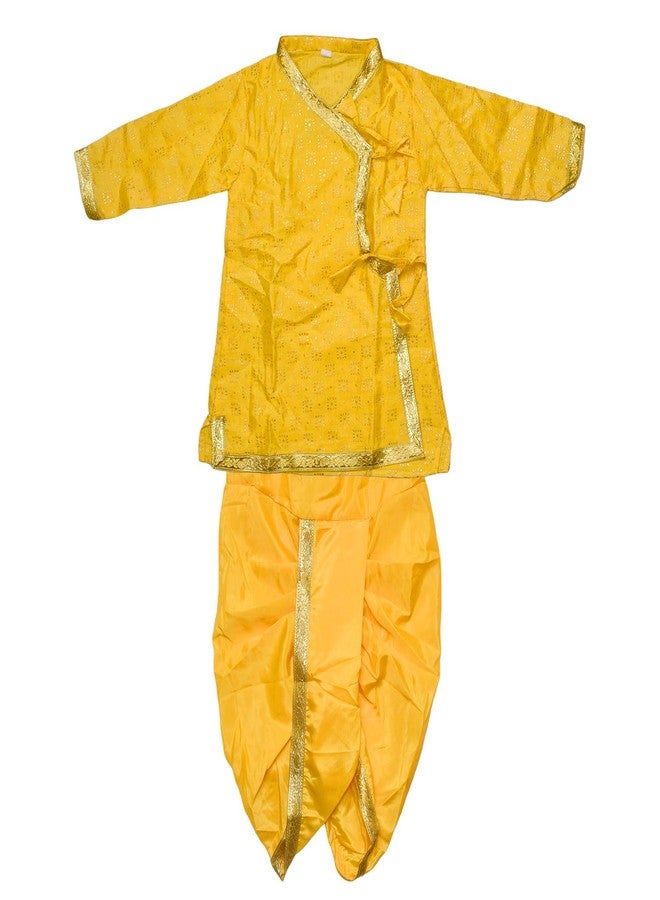 SATVIK Yellow Krishna Dress for Boys | Printed Cotton Linen Outfit with Golden Border | Janmashtami Fancy Dress, Cultural Events, Temple Celebrations (0-1 Year (12-14)) - Image 1
